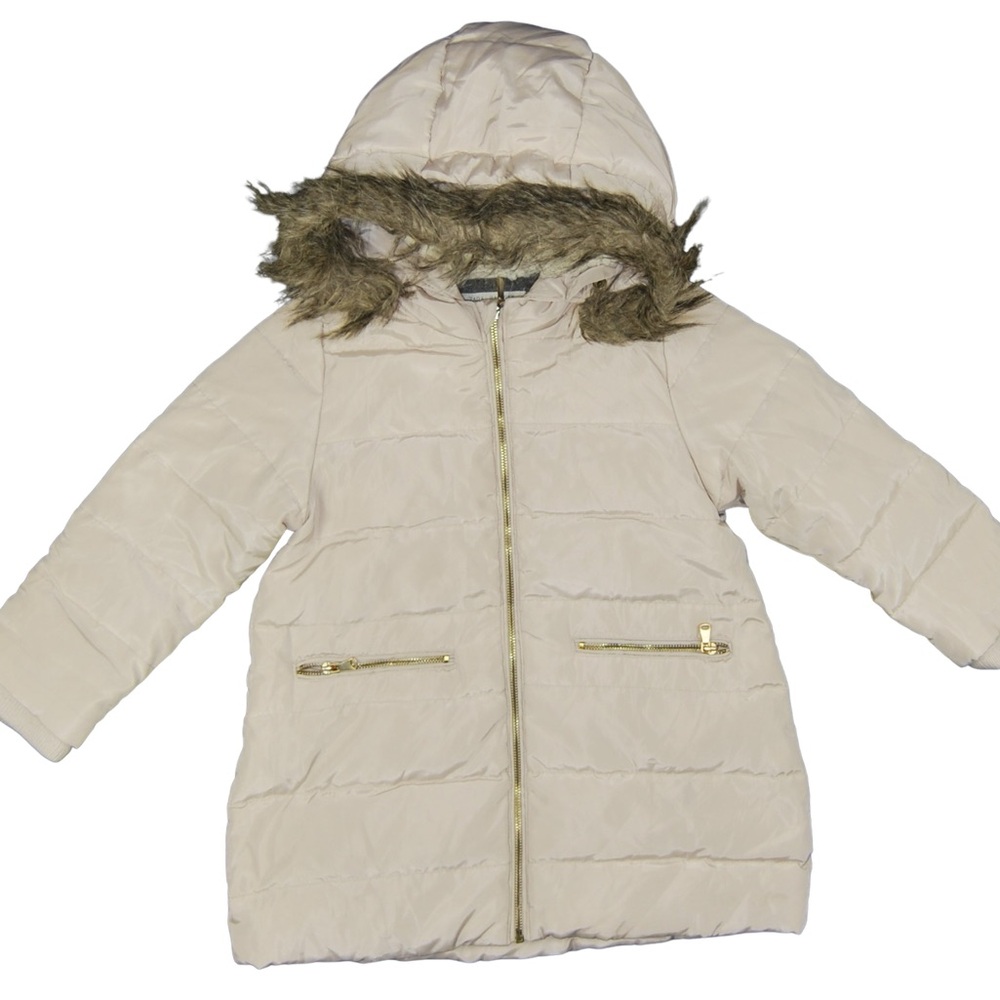 Zara Cream Hooded Puffer Coat with Faux Fur Trim 2/3 T